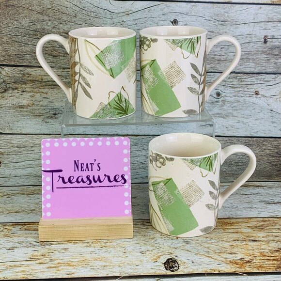 Corelle Coordinates  TEXTURED LEAVES Green Tan Gray Stoneware 12oz Cup Mug Set 3 - Picture 1 of 8